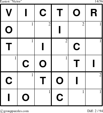 The grouppuzzles.com Easiest Victor puzzle for  with the first 2 steps marked