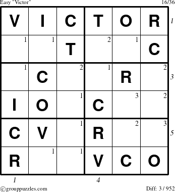 The grouppuzzles.com Easy Victor puzzle for , suitable for printing, with all 3 steps marked