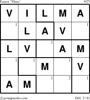 The grouppuzzles.com Easiest Vilma puzzle for  with the first 2 steps marked