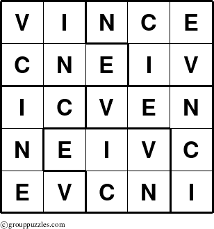 The grouppuzzles.com Answer grid for the Vince puzzle for 