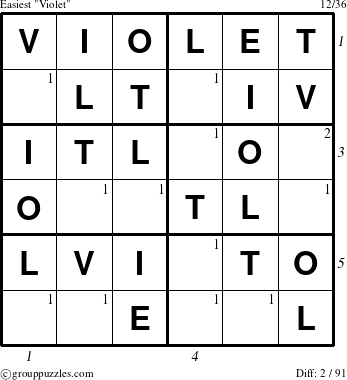 The grouppuzzles.com Easiest Violet puzzle for , suitable for printing, with all 2 steps marked