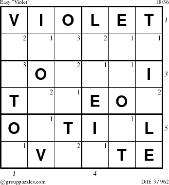 The grouppuzzles.com Easy Violet puzzle for , suitable for printing, with all 3 steps marked