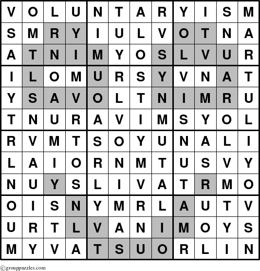 The grouppuzzles.com Answer grid for the Voluntaryism puzzle for 