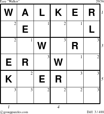 The grouppuzzles.com Easy Walker puzzle for , suitable for printing, with all 3 steps marked