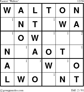 The grouppuzzles.com Easiest Walton puzzle for  with the first 2 steps marked