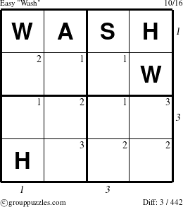 The grouppuzzles.com Easy Wash puzzle for , suitable for printing, with all 3 steps marked