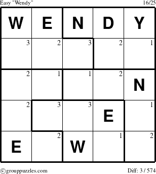 The grouppuzzles.com Easy Wendy puzzle for  with the first 3 steps marked