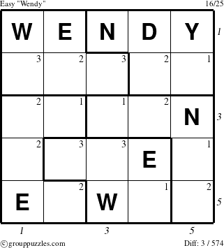 The grouppuzzles.com Easy Wendy puzzle for , suitable for printing, with all 3 steps marked