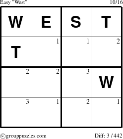 The grouppuzzles.com Easy West puzzle for  with the first 3 steps marked