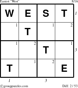 The grouppuzzles.com Easiest West puzzle for , suitable for printing, with all 2 steps marked