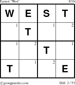 The grouppuzzles.com Easiest West puzzle for  with the first 2 steps marked