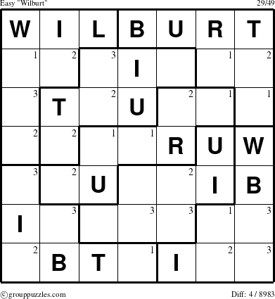 The grouppuzzles.com Easy Wilburt puzzle for  with the first 3 steps marked