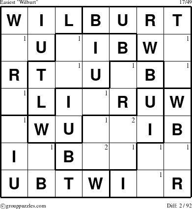 The grouppuzzles.com Easiest Wilburt puzzle for  with the first 2 steps marked