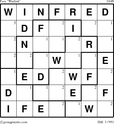 The grouppuzzles.com Easy Winfred puzzle for  with the first 3 steps marked