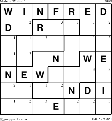 The grouppuzzles.com Medium Winfred puzzle for  with the first 3 steps marked