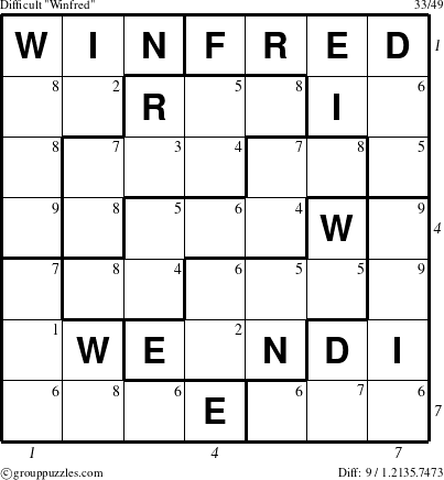 The grouppuzzles.com Difficult Winfred puzzle for  with all 9 steps marked