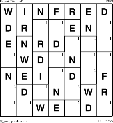 The grouppuzzles.com Easiest Winfred puzzle for  with the first 2 steps marked