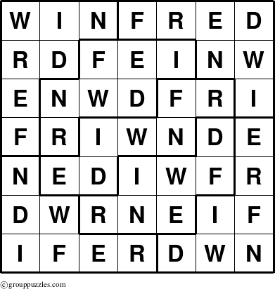 The grouppuzzles.com Answer grid for the Winfred puzzle for 