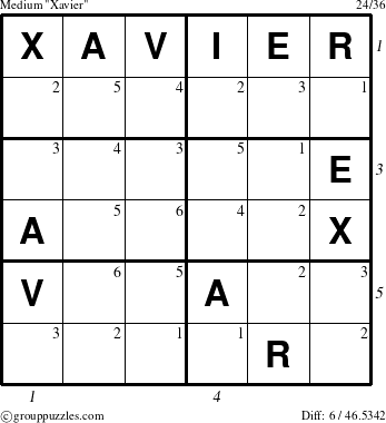 The grouppuzzles.com Medium Xavier puzzle for , suitable for printing, with all 6 steps marked