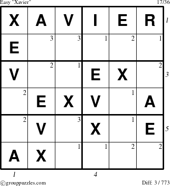 The grouppuzzles.com Easy Xavier puzzle for , suitable for printing, with all 3 steps marked