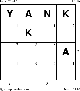 The grouppuzzles.com Easy Yank puzzle for , suitable for printing, with all 3 steps marked