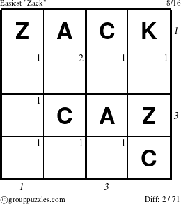 The grouppuzzles.com Easiest Zack puzzle for , suitable for printing, with all 2 steps marked