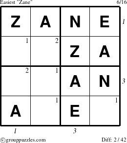 The grouppuzzles.com Easiest Zane puzzle for , suitable for printing, with all 2 steps marked