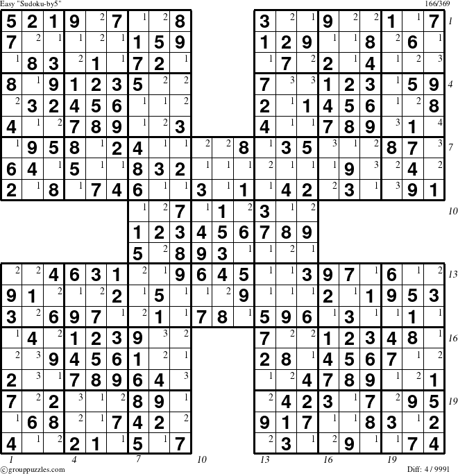 The grouppuzzles.com Easy cover-by5 puzzle for , suitable for printing, with all 4 steps marked