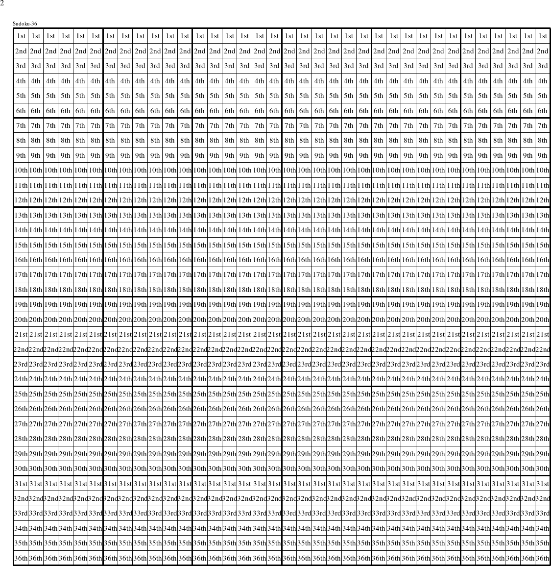 Each row is a group numbered as shown in this Sudoku-36 figure.