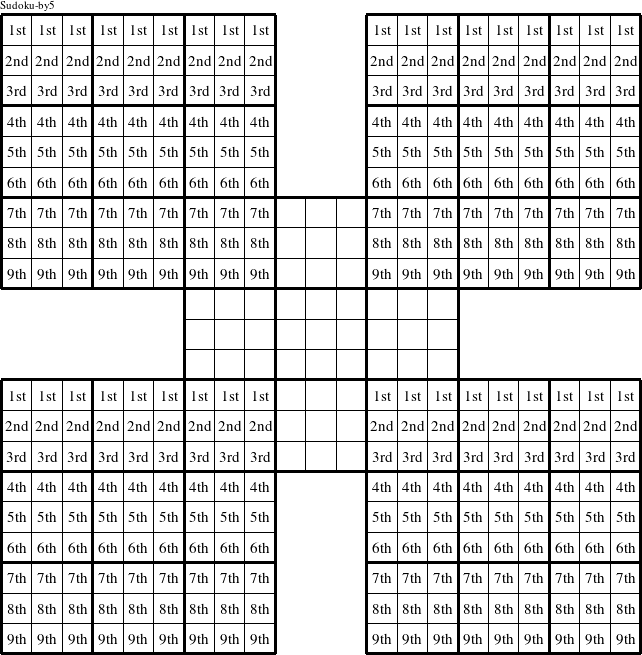 Each row in the upper left, upper right, lower left, and lower right puzzles is a group numbered as shown in this Sudoku-by5 figure.