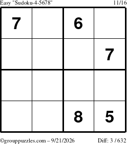 The grouppuzzles.com Easy Sudoku-4-5678 puzzle for Monday September 21, 2026