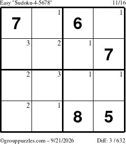 The grouppuzzles.com Easy Sudoku-4-5678 puzzle for Monday September 21, 2026 with the first 3 steps marked