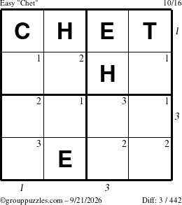 The grouppuzzles.com Easy Chet puzzle for Monday September 21, 2026, suitable for printing, with all 3 steps marked