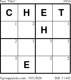 The grouppuzzles.com Easy Chet puzzle for Monday September 21, 2026 with the first 3 steps marked