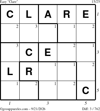 The grouppuzzles.com Easy Clare puzzle for Monday September 21, 2026 with all 3 steps marked