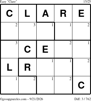 The grouppuzzles.com Easy Clare puzzle for Monday September 21, 2026 with the first 3 steps marked