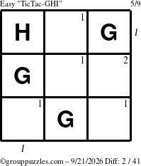 The grouppuzzles.com Easy TicTac-GHI puzzle for Monday September 21, 2026, suitable for printing, with all 2 steps marked