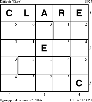 The grouppuzzles.com Difficult Clare puzzle for Monday September 21, 2026, suitable for printing, with all 6 steps marked
