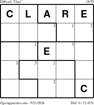 The grouppuzzles.com Difficult Clare puzzle for Monday September 21, 2026 with the first 3 steps marked