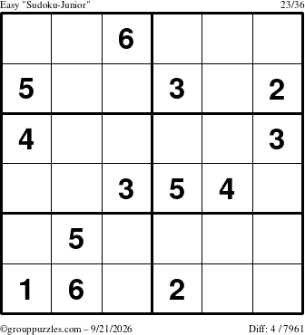 The grouppuzzles.com Easy Sudoku-Junior puzzle for Monday September 21, 2026