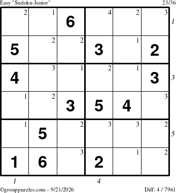 The grouppuzzles.com Easy Sudoku-Junior puzzle for Monday September 21, 2026, suitable for printing, with all 4 steps marked