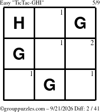 The grouppuzzles.com Easy TicTac-GHI puzzle for Monday September 21, 2026 with the first 2 steps marked