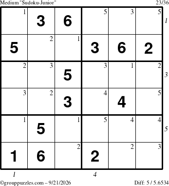 The grouppuzzles.com Medium Sudoku-Junior puzzle for Monday September 21, 2026, suitable for printing, with all 5 steps marked