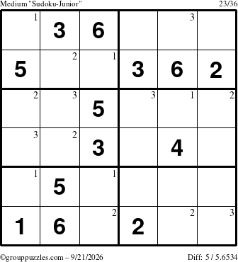 The grouppuzzles.com Medium Sudoku-Junior puzzle for Monday September 21, 2026 with the first 3 steps marked