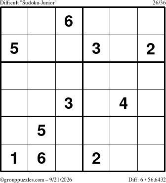 The grouppuzzles.com Difficult Sudoku-Junior puzzle for Monday September 21, 2026