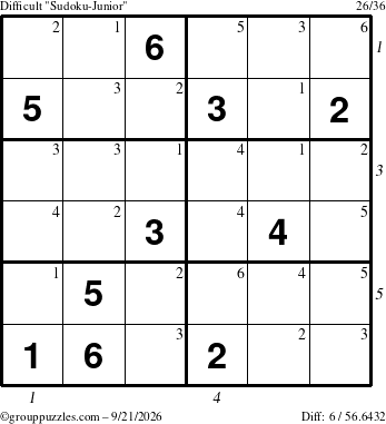 The grouppuzzles.com Difficult Sudoku-Junior puzzle for Monday September 21, 2026 with all 6 steps marked