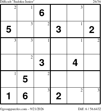 The grouppuzzles.com Difficult Sudoku-Junior puzzle for Monday September 21, 2026 with the first 3 steps marked