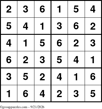 The grouppuzzles.com Answer grid for the Sudoku-Junior puzzle for Monday September 21, 2026