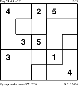The grouppuzzles.com Easy Sudoku-5B puzzle for Monday September 21, 2026