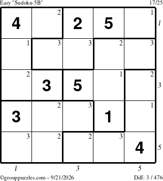 The grouppuzzles.com Easy Sudoku-5B puzzle for Monday September 21, 2026, suitable for printing, with all 3 steps marked